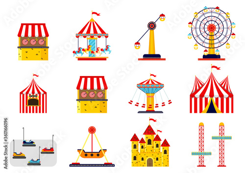 Amusement park flat icons set with family attractions isolated. Architecture entertainment elements for family rest in the park.