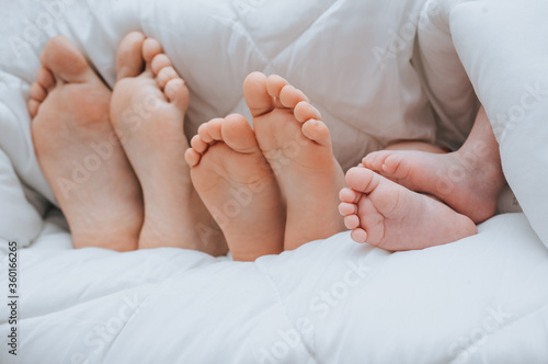 Close-up of the legs of the family of mom, daughter and little newborn son, covered with a plaid. Sleeping family. Time to sleep. Photography, concept. © shchus