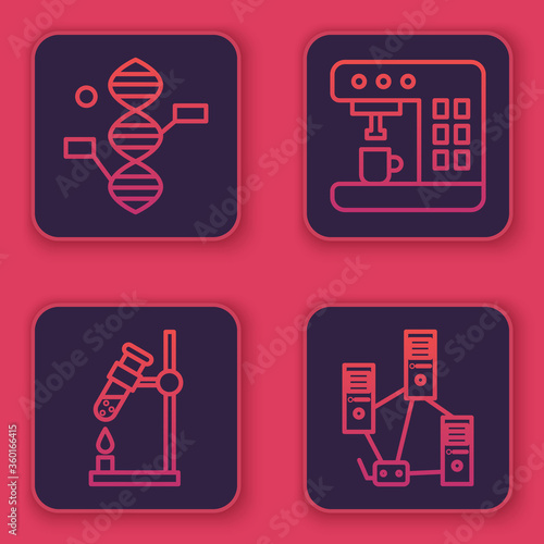 Set line DNA symbol, Test tube flask on fire, Coffee machine and Computer network. Blue square button. Vector.