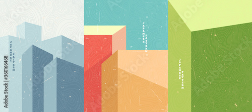 Vector illustration. Abstract minimalist polygonal shapes. Building with shadows. Design for poster, cover, brochure. Wavy topographic linear pattern. Scratches old paper effect. Retro bright color