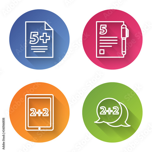 Set line Calculator, Open book, Calculation and Geometric figure Cone. Color circle button. Vector.