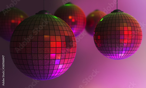 3D illustration bright disco balls in the dark