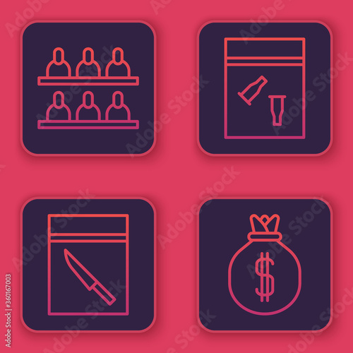 Set line Jurors, Evidence bag and knife, Evidence bag and bullet and Money bag. Blue square button. Vector.