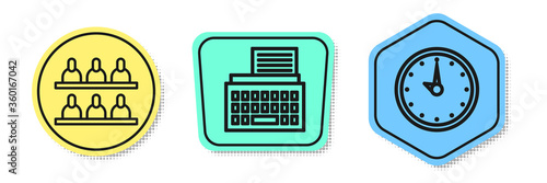 Set line Jurors, Retro typewriter and Clock. Colored shapes. Vector.