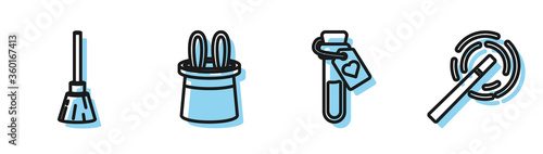 Set line Bottle with love potion, Witches broom, Magician hat and rabbit ears and Magic wand icon. Vector.