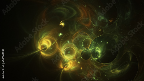 Abstract colorful green and gold glowing shapes. Fantasy light background. Digital fractal art. 3d rendering.