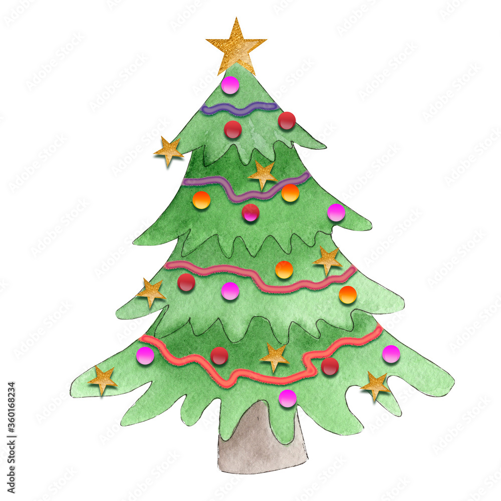 Decorated watercolor Christmas tree illustration