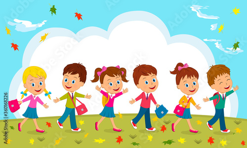 kids,boys and girls go to school on a autumn background, illustration, vector