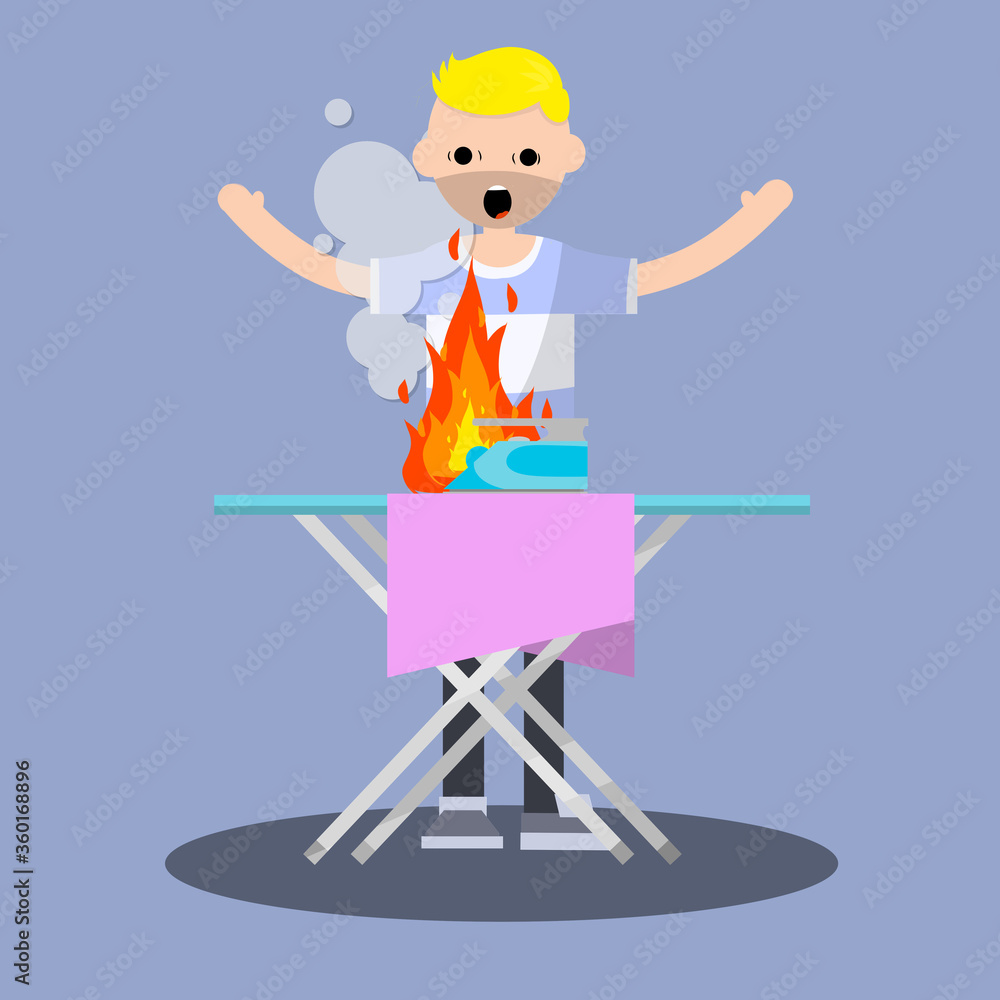 Fire in the house. Shocked the Guy waving arms. dangerous situation with iron. a bad garment and Ironing Board. compliance with safety standards. careful handling - Cartoon flat illustration