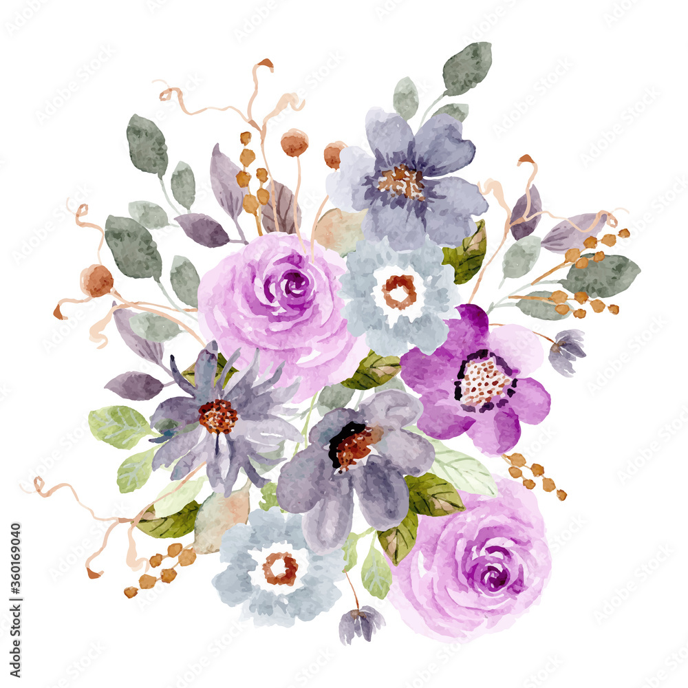 purple blue floral arrangement watercolor background Stock Vector ...