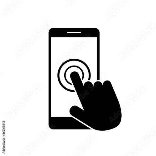 Smartphone screen icon with hand. Open touch screen by finger.Black mobile phone icon. Flat phone icon with screen. vector illustration