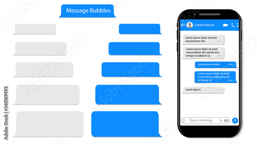 Message speech bubble for text on phone. Mockup sms chat, conversation for mobile. Smartphone chatting with text box. Chat bubble UI. Messenger template isolated background. design vector