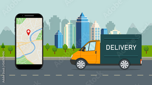 Delivery truck with online service in mobile app. Logistic route of lorry in city. Parcel shipment in mobile application. Order tracking on screen phone. Van truck deliver goods on warehouse. vector.