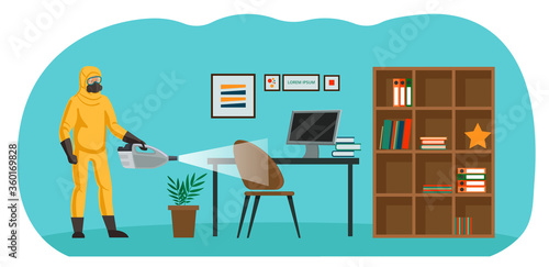 Sanitary treatment, disinfection of living room. Service of extermination. A specialist in a chemical suit and a respirator sprays the surface.