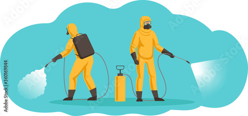 Specialists of sanitization, disinfection, pest service. Workers use pump sprays.