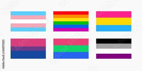 Set flag of pansexual, bisexual, gay, transgender, polisexual and asexual. Vector illustration