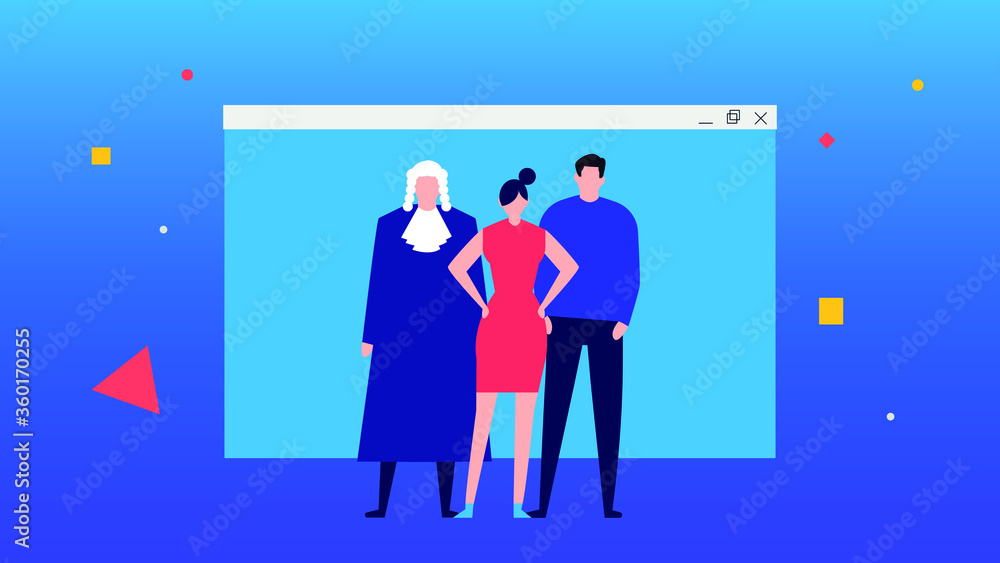 we see a judge, a lady dressed in a red dress, and a gentleman in blue jeans and a sweater,in the background we see the web browser window,illustration,cartoon. we see a judge, a lady dressed in a red dress, and a gentleman in blue jeans and a sweater,in the background we see the web browser window,illustration,cartoon.