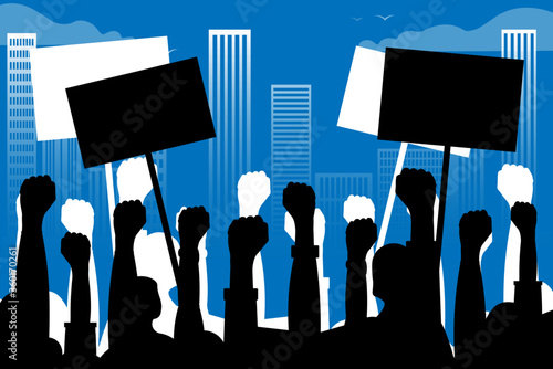 Public protests. Silhouettes of hands with posters on the background of the city, skyscrapers. Vector