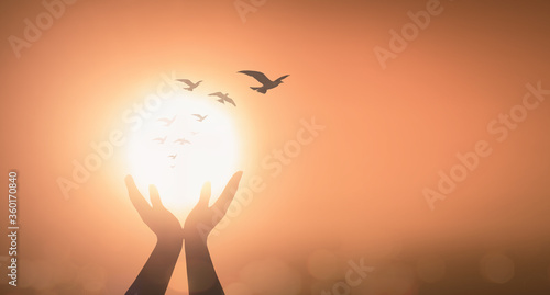 World mental health day concept: Silhouette prayer praise God and bird flying on blurred candle light background