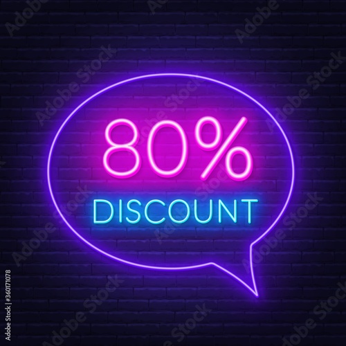 80 percent discount neon sign on brick wall background. Vector illustration