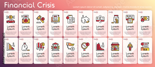 Vector color linear icon of financial crisis banner set
