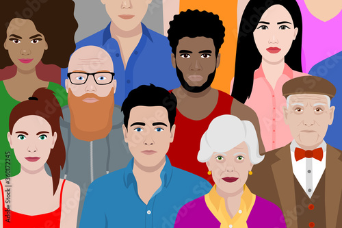 Beautiful background with multicultural cartoon people.