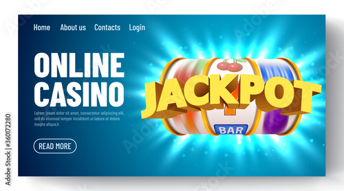 Golden slot machine with flying golden coins wins the jackpot. Online casino. Web landing page template or banner for internet casino. Big win concept.