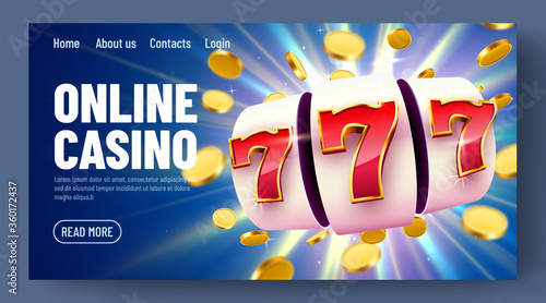 Golden slot machine with flying golden coins wins the jackpot. Online casino. Web landing page template or banner for internet casino. Big win concept.