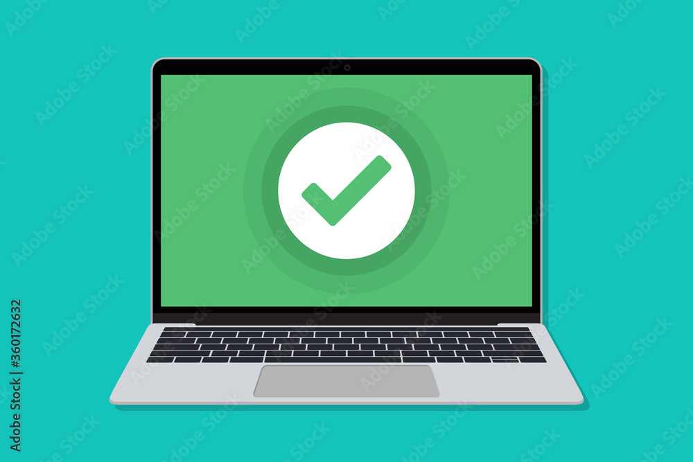 Laptop with check mark window in a flat design. Mockup of check for laptop in a flat design Laptop with check mark window in a flat design. Mockup of check for laptop in a flat design