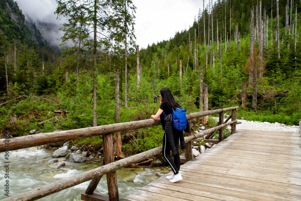 Girl travels to the mountains. Hiking. High mountains in summer on a rainy day. Тatras. Girl travels to the mountains. Hiking. High mountains in summer on a rainy day. Тatras.