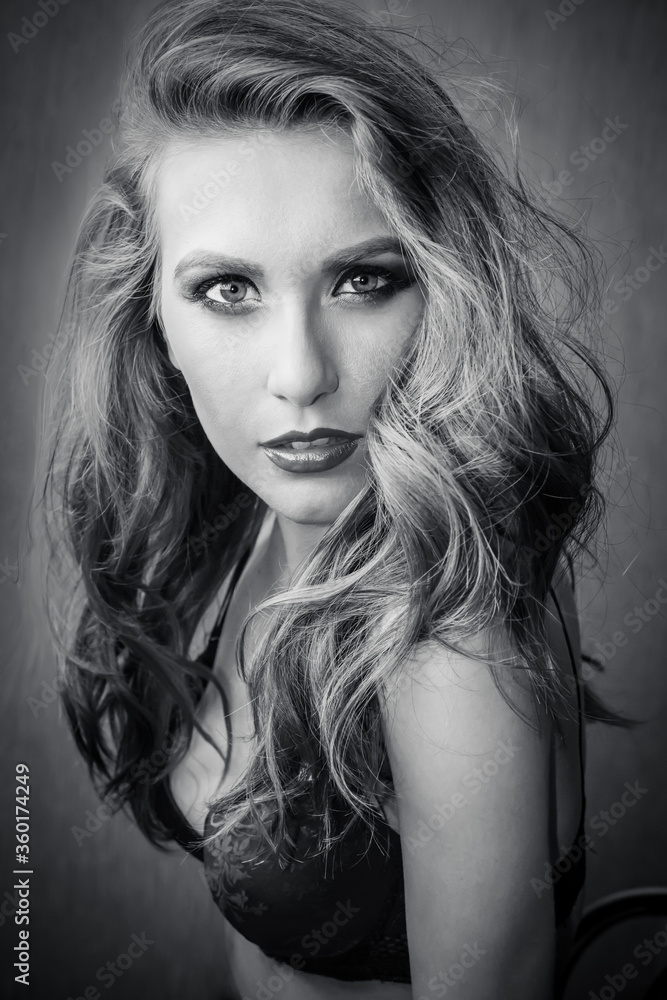 Sexy Caucasian Blonde Closeup with Black Bra and Curly Hair, in Black and White Sexy Caucasian Blonde Closeup with Black Bra and Curly Hair, in Black and White