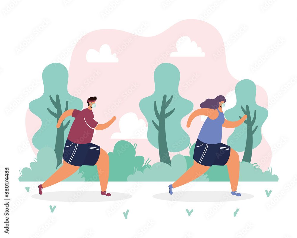 couple wearing medical mask running sport in the camp couple wearing medical mask running sport in the camp