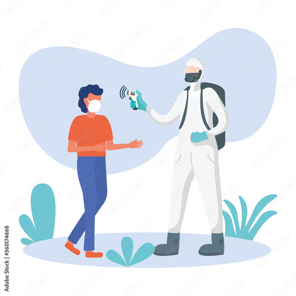 man with protective suit checking man temperature vector design man with protective suit checking man temperature vector design