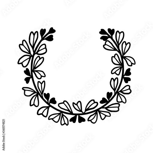 Hand drawn monochrome leaf wreath element for wedding invitation, greeting cards, decoration, botanical frame, or banner. Summer, spring, and autumn botany element