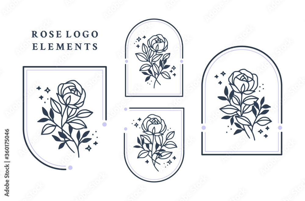 Set of hand drawn vintage blue rose logo elements