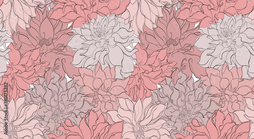 Beautiful seamless background with pink flowers. Hand-drawn black contour lines and strokes
