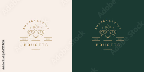 Flower line and branch with leaves vector logo emblem design template illustration simple minimal linear style