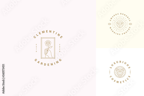 Vector line logos emblems design templates set - female gesture hand and rose flower illustrations simple linear style