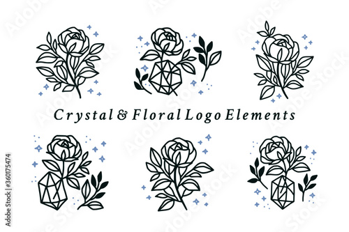 collection of hand drawn vintage and aesthetic crystal and rose flower logo elements with sparkles and stars for cards, icon, invitation, banner, or floral stickers