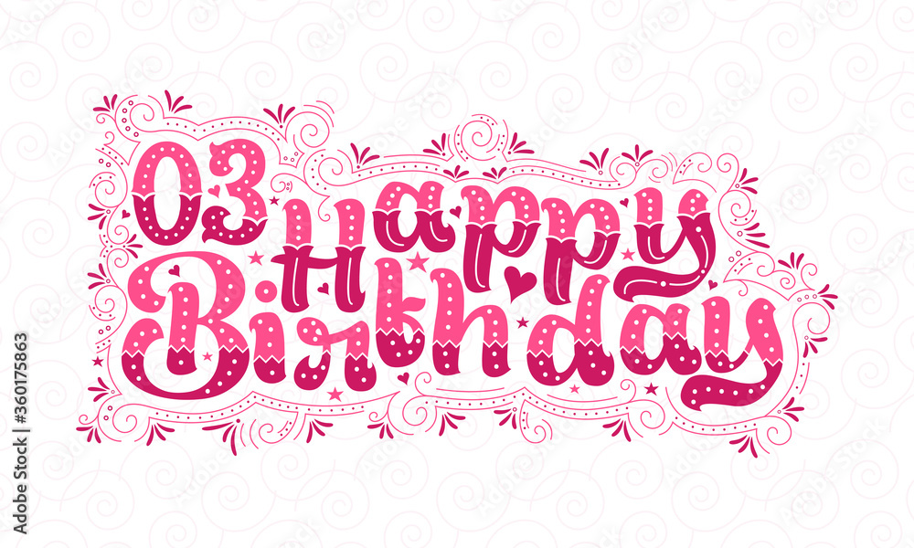 3rd Happy Birthday lettering, 3 years Birthday beautiful typography design with pink dots, lines, and leaves.