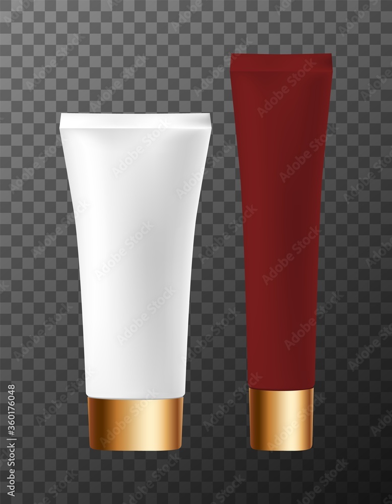 Cosmetic skin, health, hair care tubes with screw cap. Set realistic bottle glossy texture on isolated background. Container blank for cream, gel, toothpaste mockup. Plastic tube vector illustration. Cosmetic skin, health, hair care tubes with screw cap. Set realistic bottle glossy texture on isolated background. Container blank for cream, gel, toothpaste mockup. Plastic tube vector illustration.