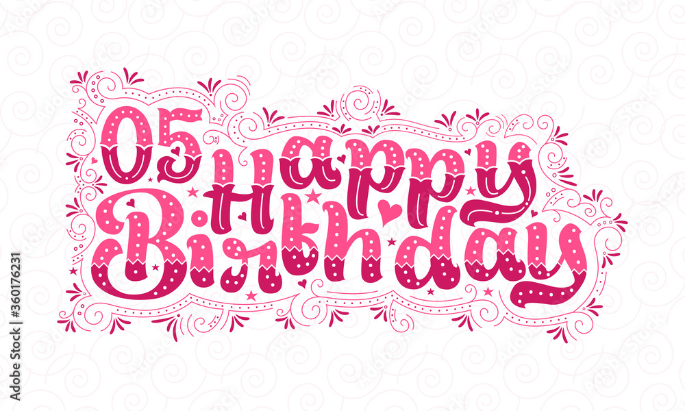 5th Happy Birthday lettering, 5 years Birthday beautiful typography design with pink dots, lines, and leaves.
