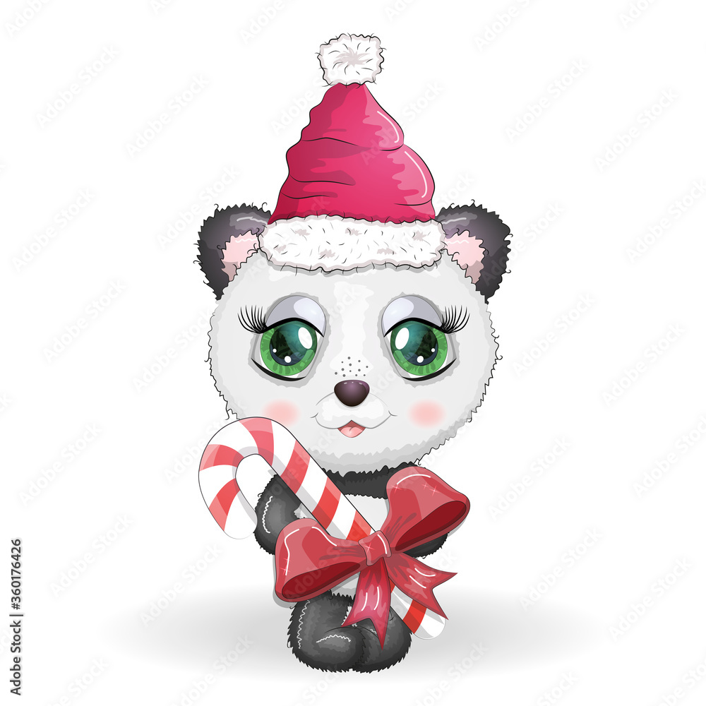 Cute cartoon panda bear with big eyes in a red Santa Claus hat with a caramel cane. Greeting card Cute cartoon panda bear with big eyes in a red Santa Claus hat with a caramel cane. Greeting card