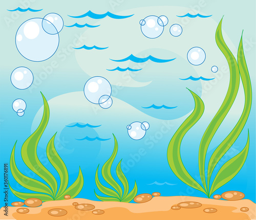 blue seabed with green algae, cartoon illustration, isolated object on a white background, vector illustration,