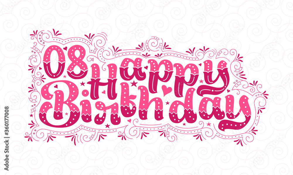 8th Happy Birthday lettering, 8 years Birthday beautiful typography design with pink dots, lines, and leaves.
