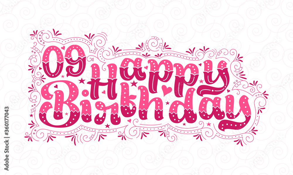 9th Happy Birthday lettering, 9 years Birthday beautiful typography design with pink dots, lines, and leaves.