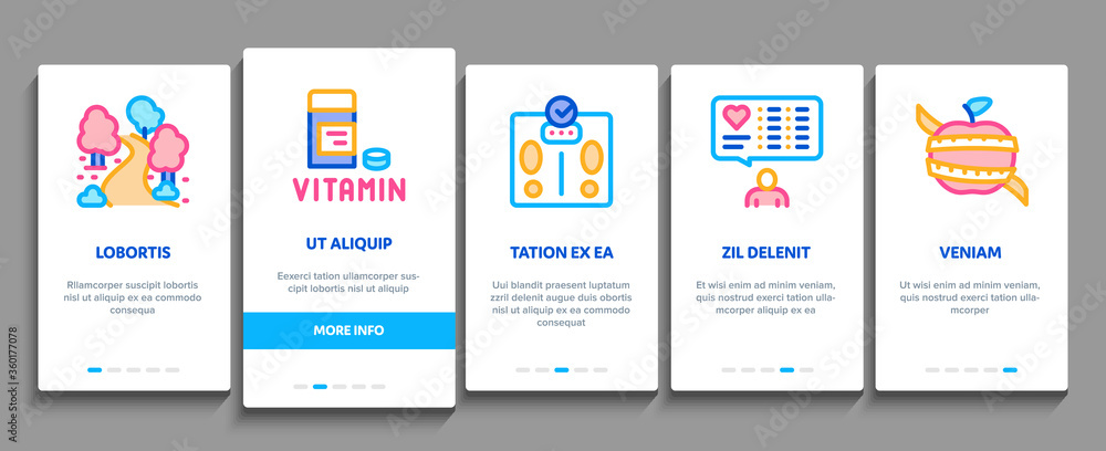 Healthy Lifestyle Onboarding Mobile App Page Screen Vector. Healthy Food Dish And Vitamin Pills, Sport And Walking, Non-alcohol And Non-smoking Color Illustrations Healthy Lifestyle Onboarding Mobile App Page Screen Vector. Healthy Food Dish And Vitamin Pills, Sport And Walking, Non-alcohol And Non-smoking Color Illustrations