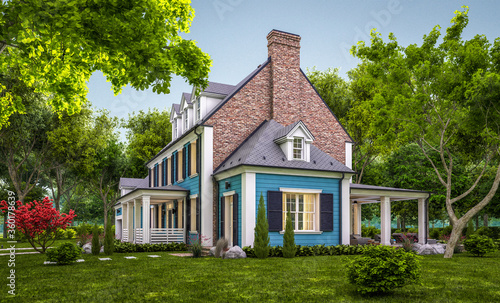 3d rendering of modern cozy classic house in colonial style with garage and pool for sale or rent with beautiful landscaping on background. Clear summer evening with cozy light from window