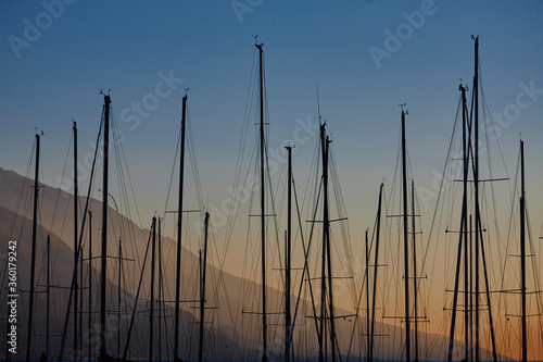 many yacht masts in the port against the backdrop of a very beautiful sunset.