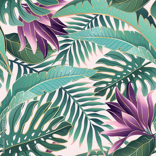 Tropical palm leaves, jungle leaves seamless vector floral pattern background